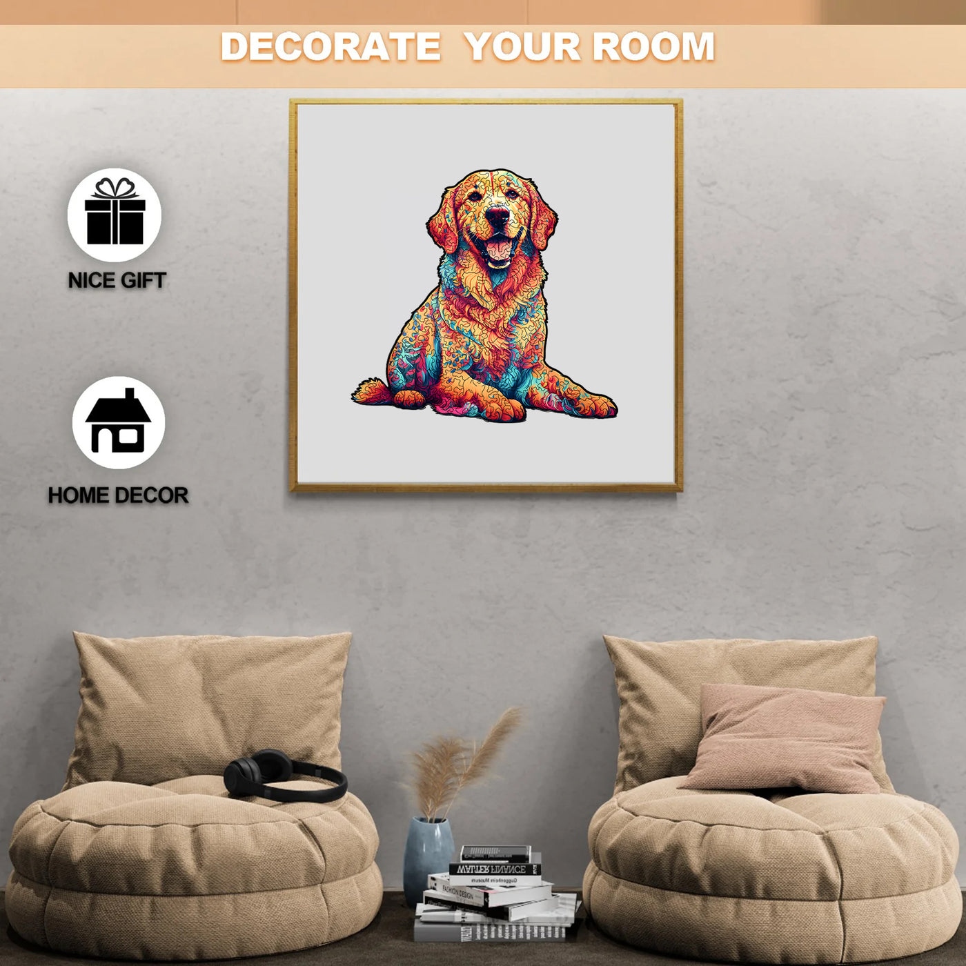 Colorful golden retriever Wooden Jigsaw Puzzle