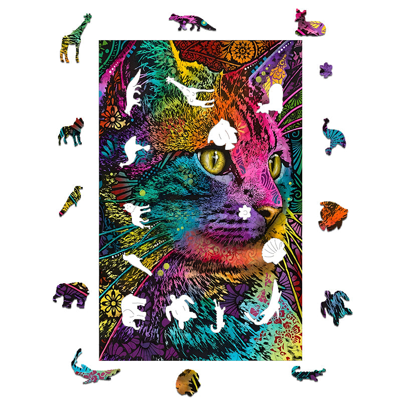 Colorful cat with yellow eyes Wooden Jigsaw Puzzle